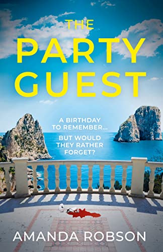 Book cover: “The Party Guest” with a coastal scene and red stain.