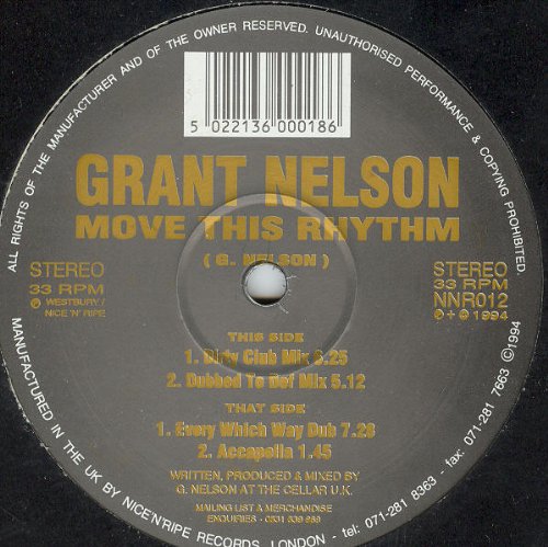 Black vinyl record label with yellow text: "Grant Nelson - Move This Rhythm".