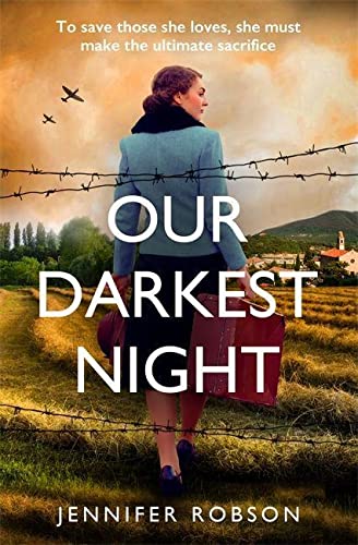 Book cover: woman walking away from barbed wire, wartime Italy backdrop.