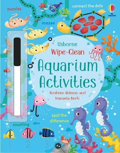 Wipe-clean activity book with colorful aquarium animals and puzzles.