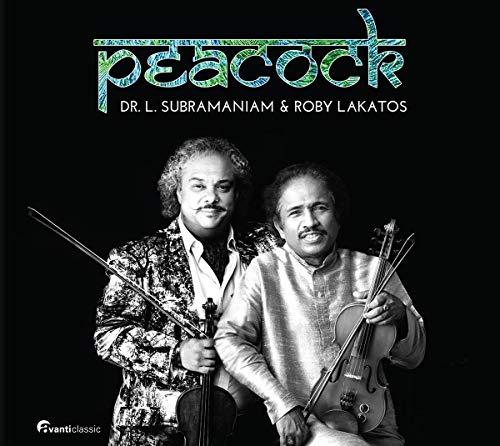 "CD cover featuring two men holding violins, with 'peacock' title in stylized font."