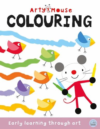 Colouring book cover with a mouse holding crayons and colourful birds.