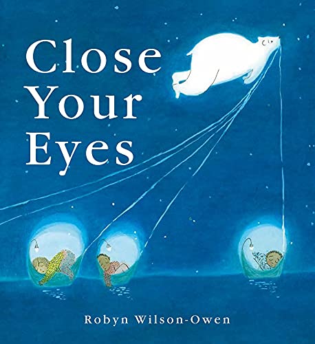 Book cover: blue night sky, polar bear, and sleeping children in glowing orbs.