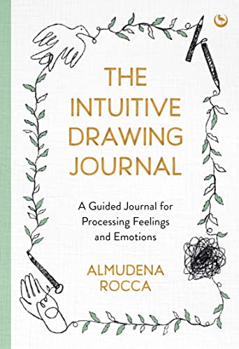 White journal cover with hand-drawn vines, birds, and hands, titled “The Intuitive Drawing Journal.”