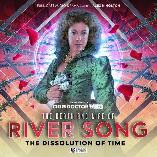 River Song holding a futuristic gun, dramatic lighting, Doctor Who audio drama cover.