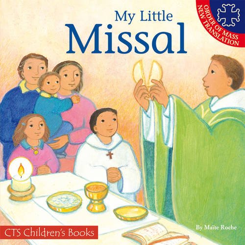 Children’s missal cover depicting a family and priest with Eucharist.