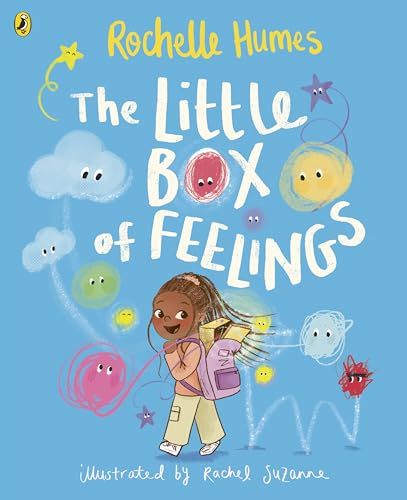 Book cover with a girl carrying a box, surrounded by colorful feeling shapes.