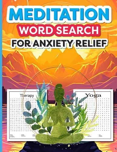 Book cover with "Meditation Word Search" title and silhouetted yoga figure.