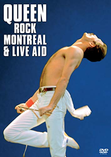 Freddie Mercury performing shirtless on stage against a blue background with text overlay.