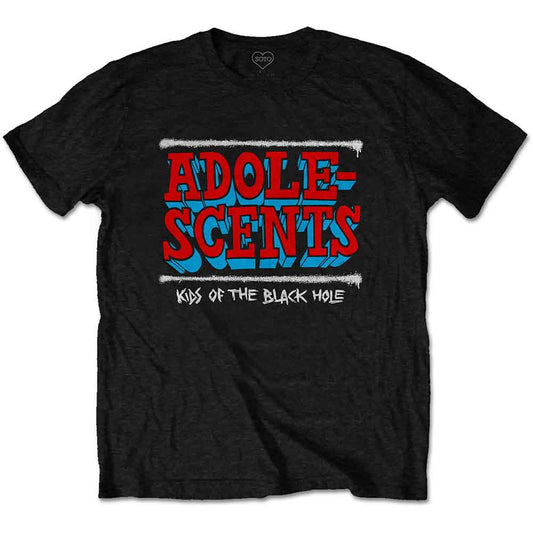 White t-shirt with colorful “ADOLESCENTS” and “Kids of the Black Hole” text.