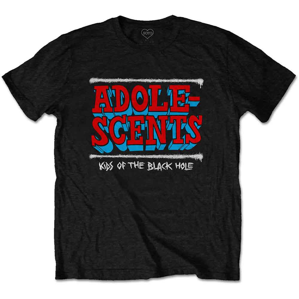 White t-shirt with colorful “ADOLESCENTS” and “Kids of the Black Hole” text.