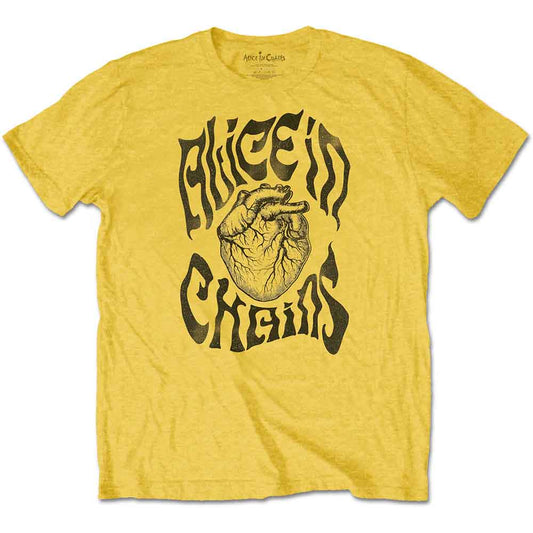 Yellow t-shirt with black Alice in Chains logo and heart design.