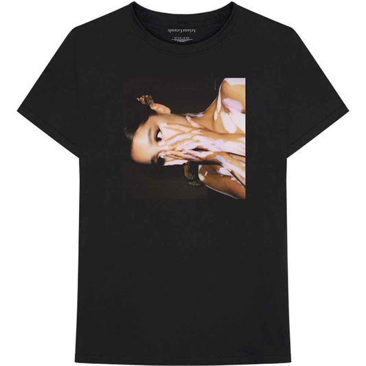 Black t-shirt with a side portrait of Ariana Grande and butterflies.