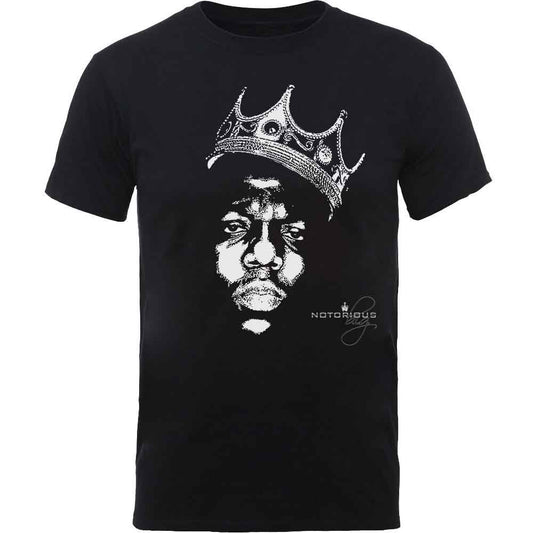 Black t-shirt with a white portrait of Notorious B.I.G. wearing a crown.