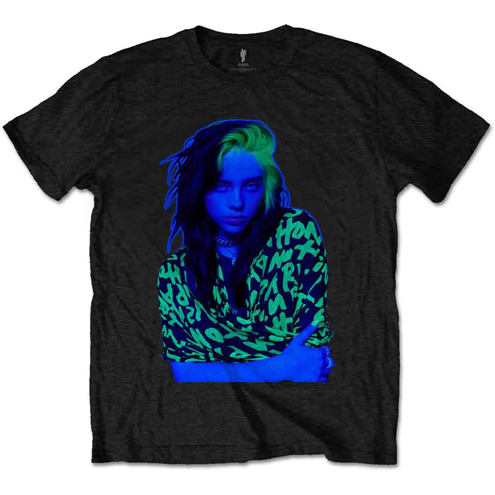 A man wearing a black t-shirt featuring a blue and green Billie Eilish graphic.