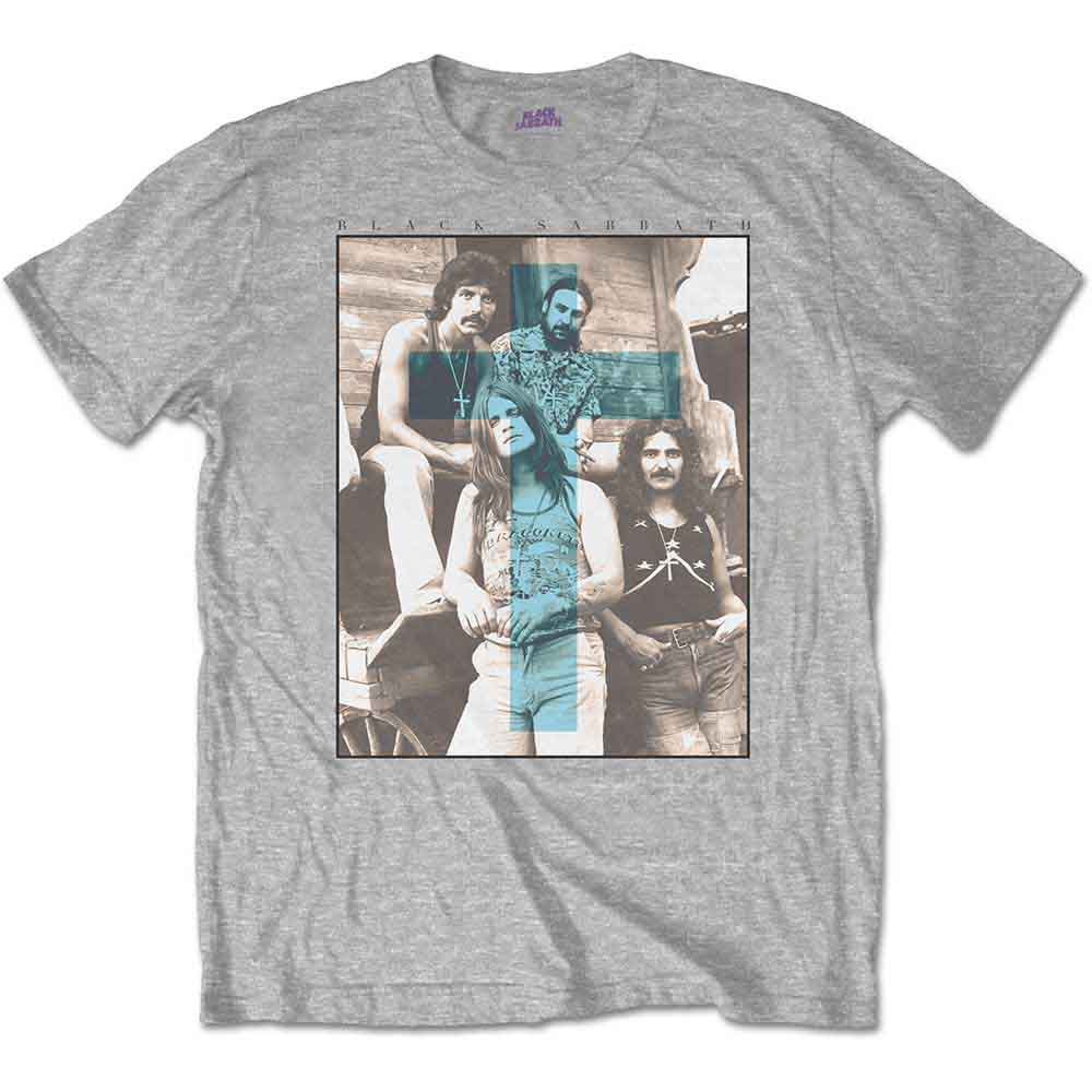 Gray t-shirt with a vintage Black Sabbath band photo graphic print.