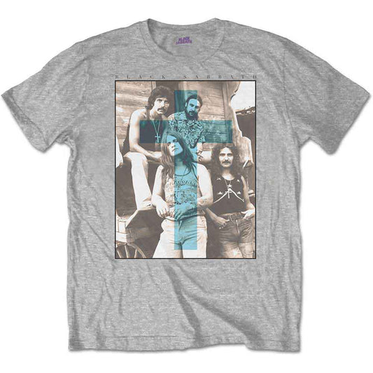 Gray t-shirt with a vintage Black Sabbath band photo graphic print.