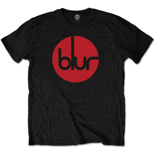 A person wearing a black t-shirt featuring a red circle with the word blur.