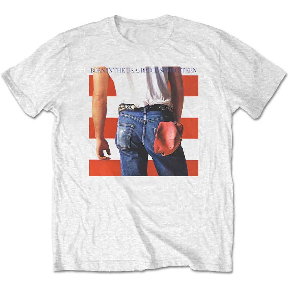 White t-shirt featuring album art from Bruce Springsteen’s “Born in the U.S.A.”