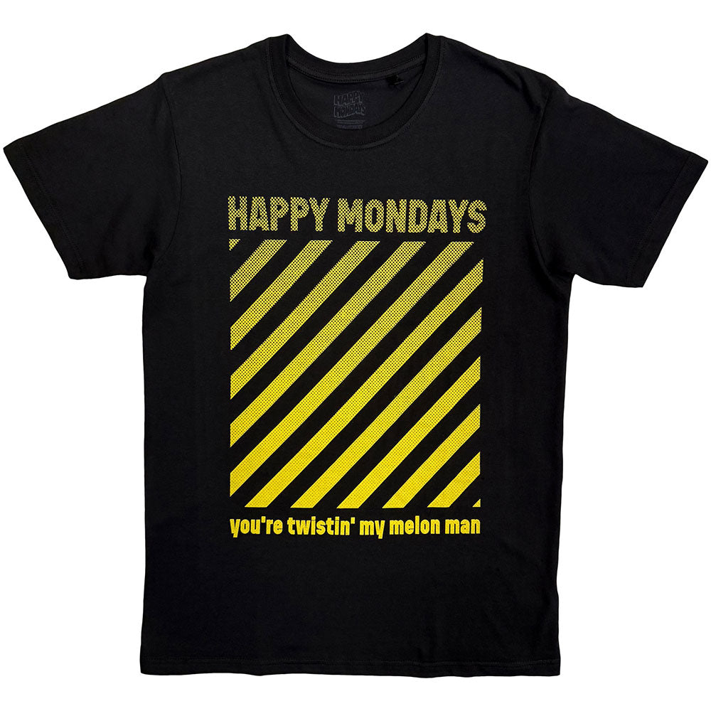Black t-shirt with yellow and white "Happy Mondays" graphic design.