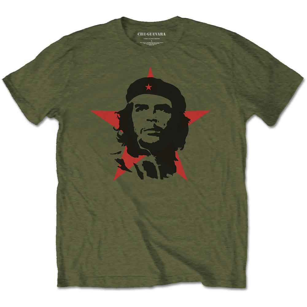 Green t-shirt with black and red portrait of Che Guevara and star.