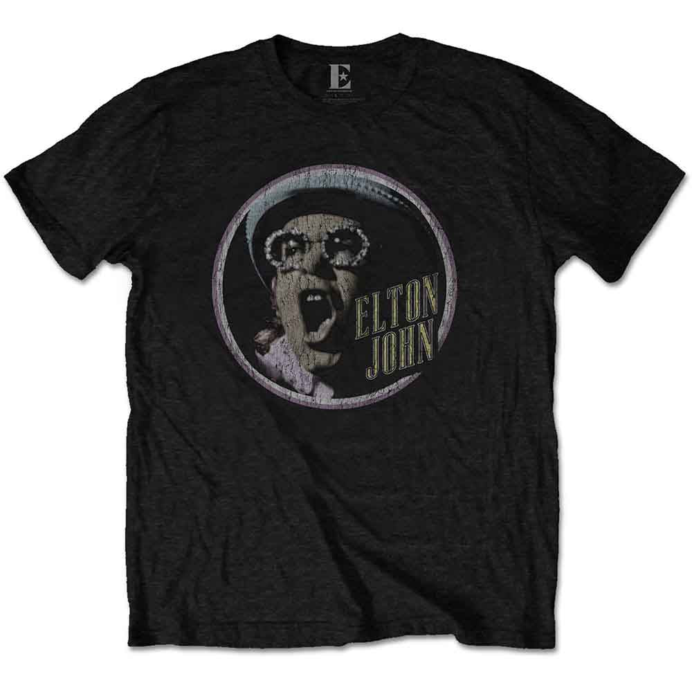 Black t-shirt with a circular graphic of Elton John in sunglasses.