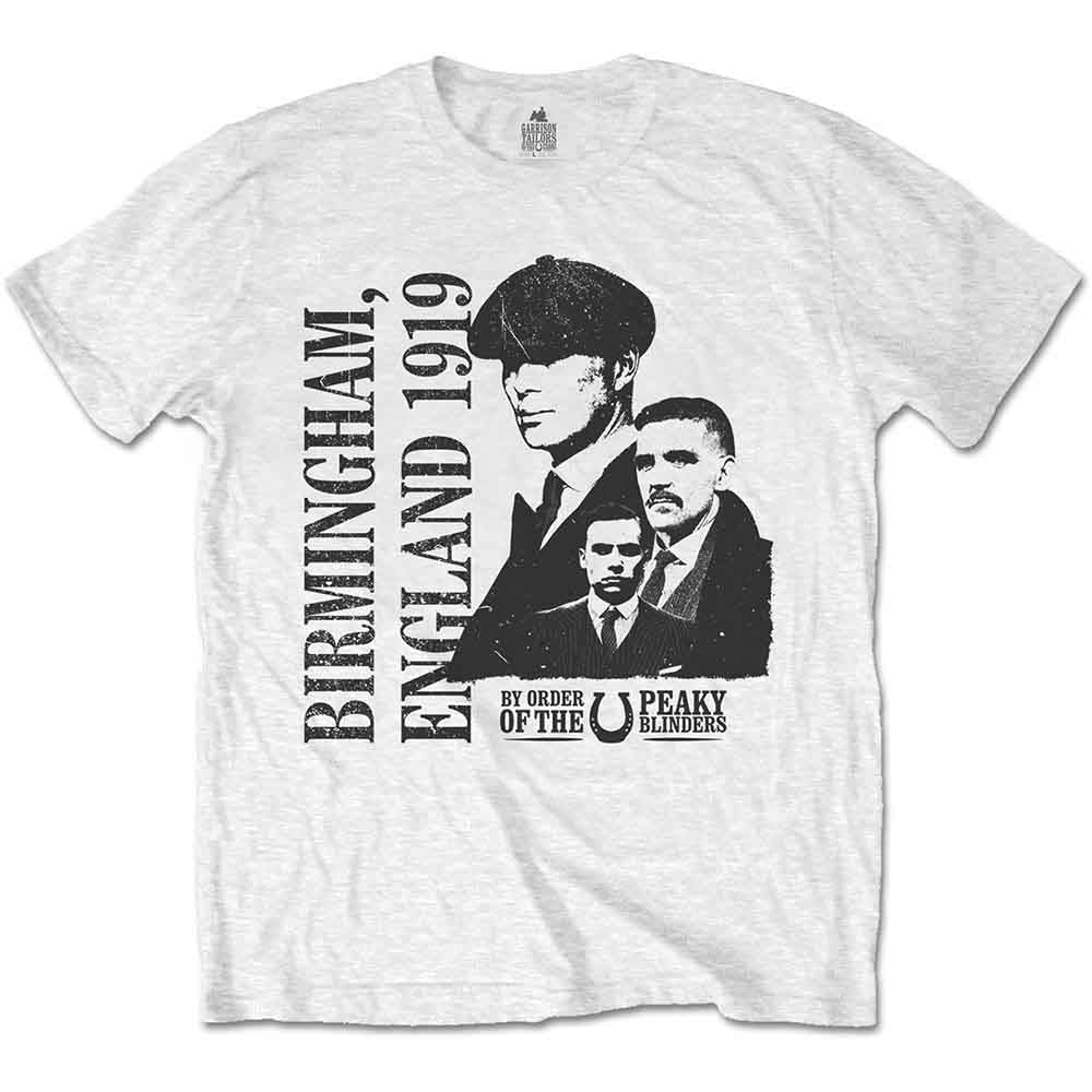 White t-shirt with black Peaky Blinders character portrait and text.
