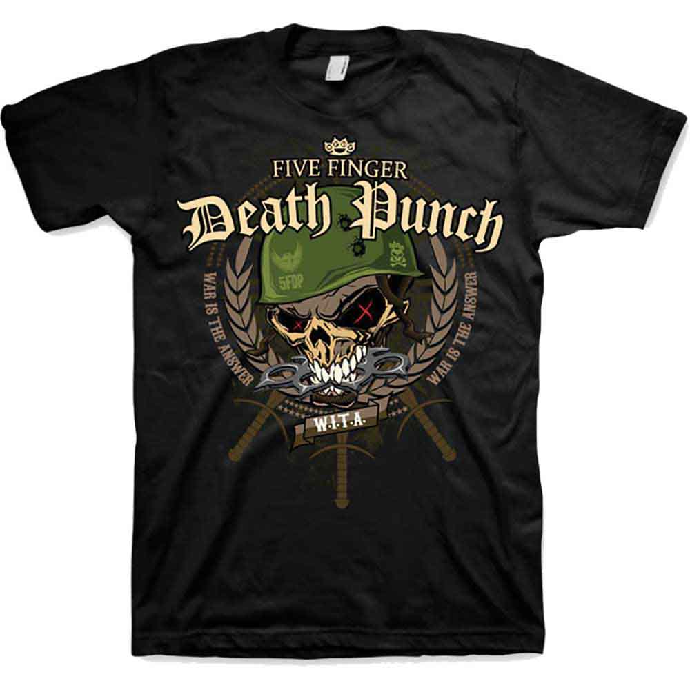 Black t-shirt with Five Finger Death Punch skull and military design.