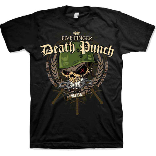 Black t-shirt with Five Finger Death Punch skull and military design.