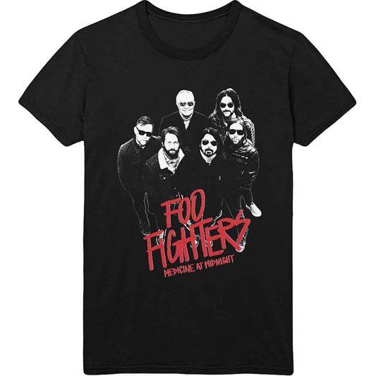 Black t-shirt featuring a white photo of the Foo Fighters with red text.