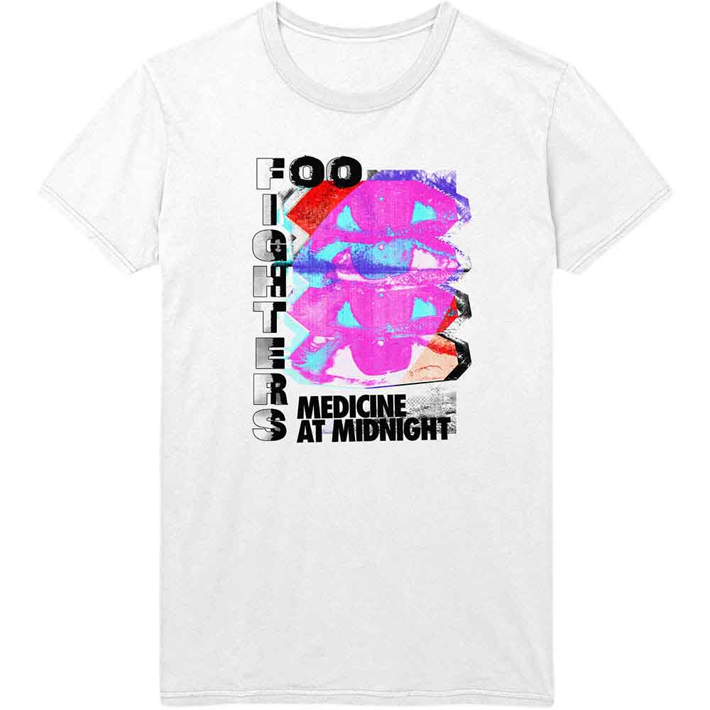 White t-shirt with a pink and blue abstract Foo Fighters design.
