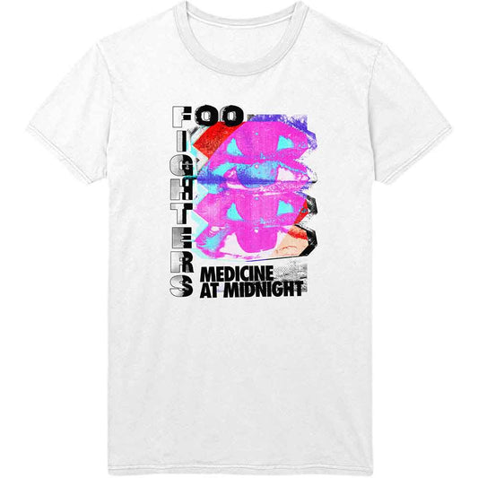 White t-shirt with a pink and blue abstract Foo Fighters design.