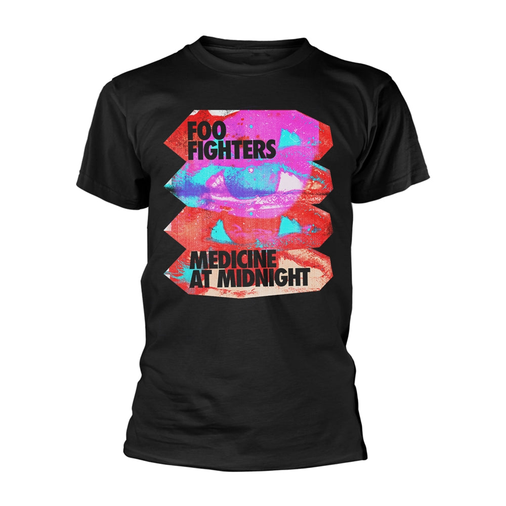 Black t-shirt with colorful lips and “Foo Fighters Medicine at Midnight” text.