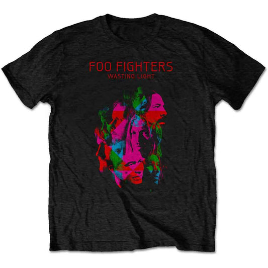 Black Foo Fighters Wasting Light t-shirt with a colorful, layered portrait graphic.