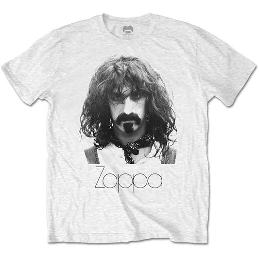 White t-shirt with black and white portrait of Frank Zappa.