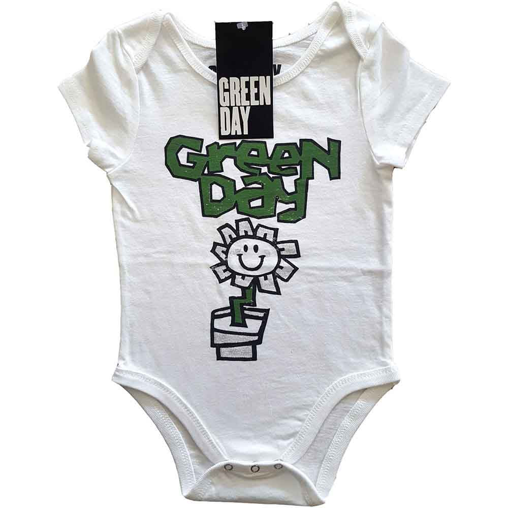 White babygrow with green "Green Day" logo and flower graphic.