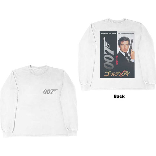 White long-sleeve shirt with 007 logo on front and Goldeneye movie poster on back.