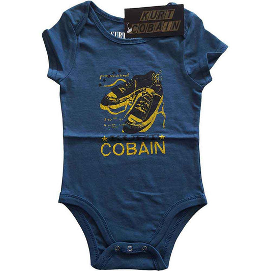 Blue babygrow with yellow Kurt Cobain and Converse shoe graphic.