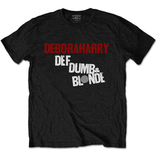 Black t-shirt with red and white "Deborah Harry Def Dumb & Blonde" logo.