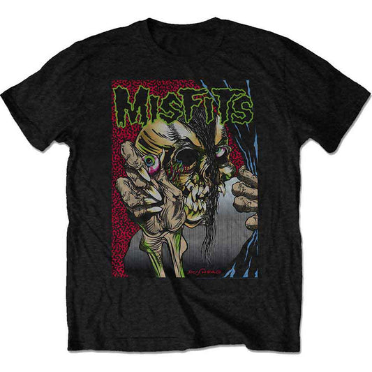 Black t-shirt with a graphic of a zombie-like skull and “Misfits” text.
