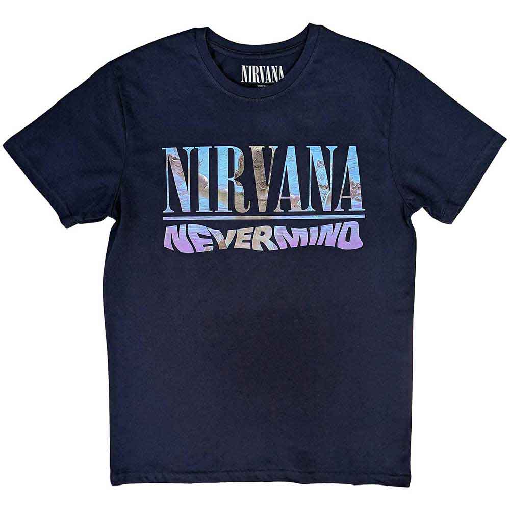 Navy blue t-shirt with "Nirvana Nevermind" album artwork graphic.