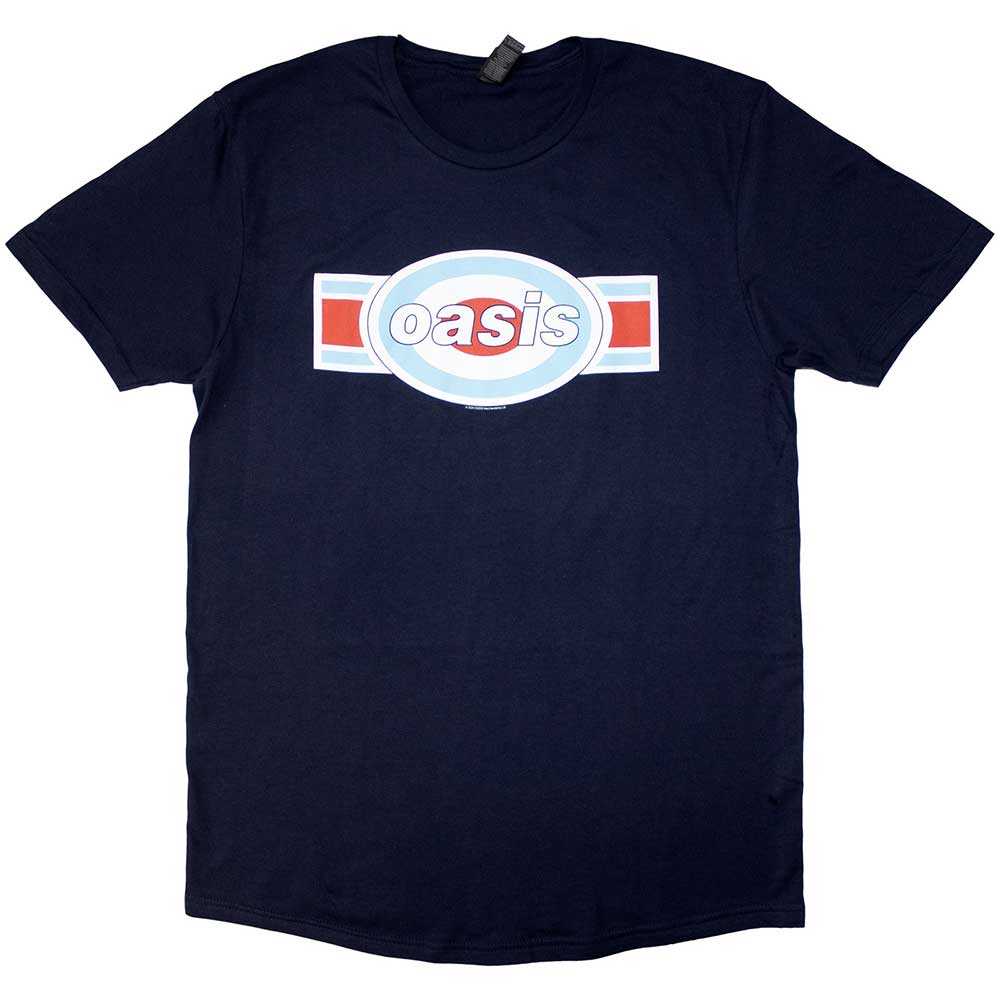 A navy blue t-shirt featuring an oblong Oasis logo with red and blue stripes.