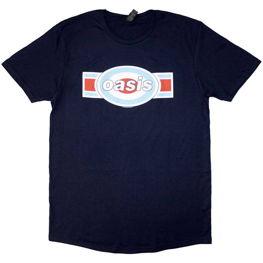 A navy blue t-shirt featuring an oblong Oasis logo with red and blue stripes.