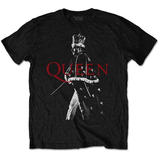 Black t-shirt with a graphic of Freddie Mercury wearing a crown.