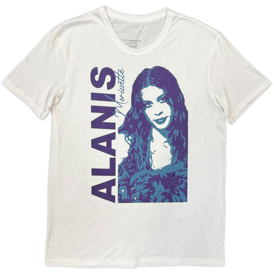 White t-shirt featuring a blue graphic portrait of Alanis Morissette and vertical text.
