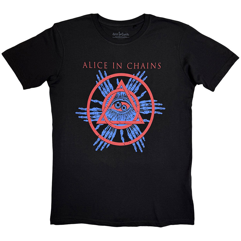 Black t-shirt featuring an Alice in Chains logo above a red circle and triangle.