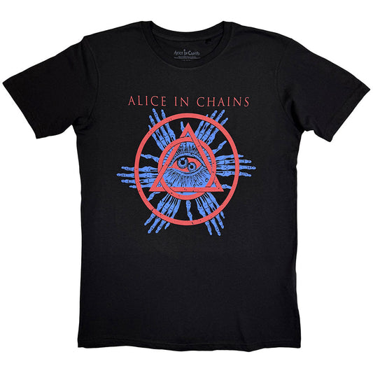 Black t-shirt featuring an Alice in Chains logo above a red circle and triangle.