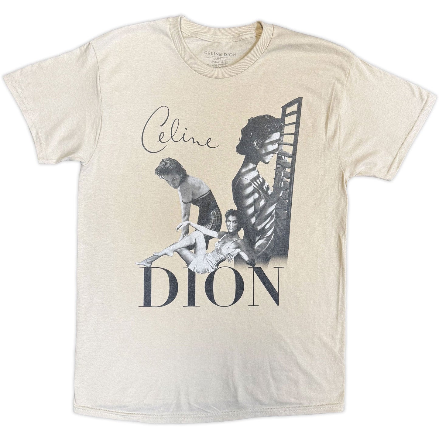 Beige t-shirt with a black and white graphic of Celine Dion.