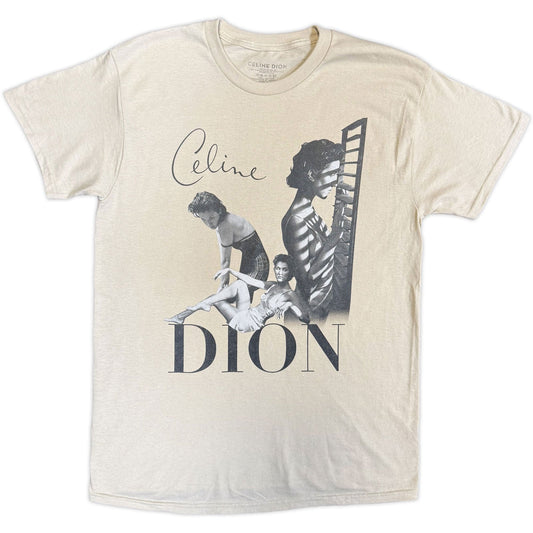Beige t-shirt with a black and white graphic of Celine Dion.