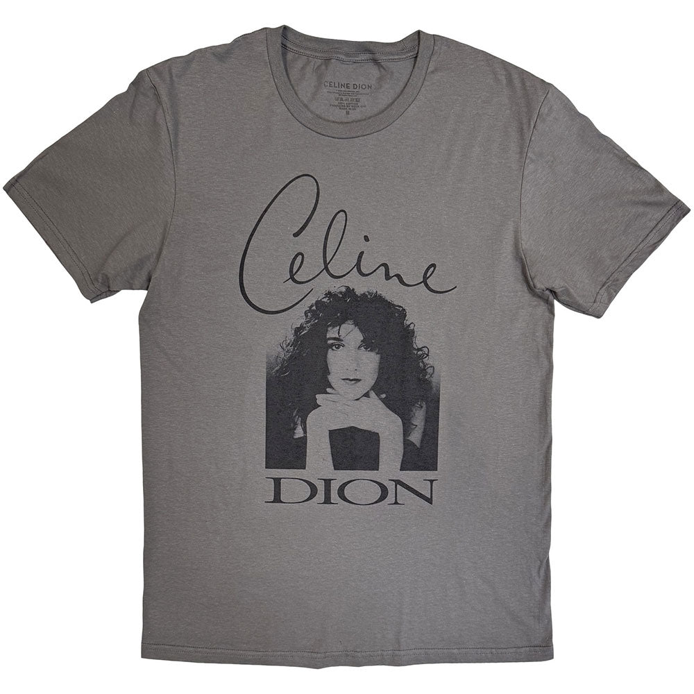 Grey t-shirt featuring a black and white portrait of Celine Dion with her name.